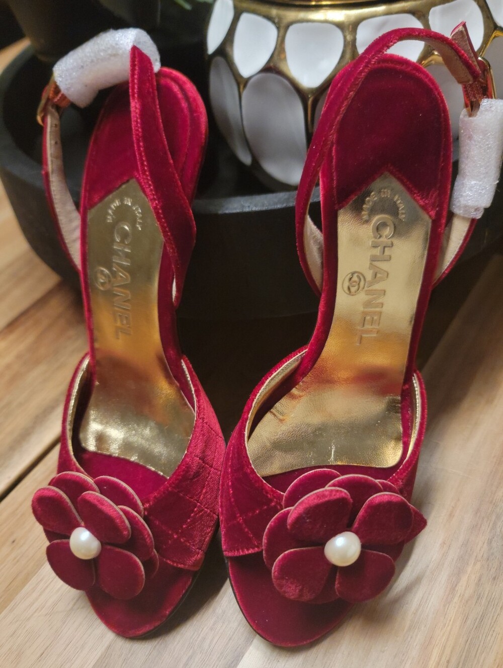 Chanel Women’s Red Velvet Camellia Slingback Heels
